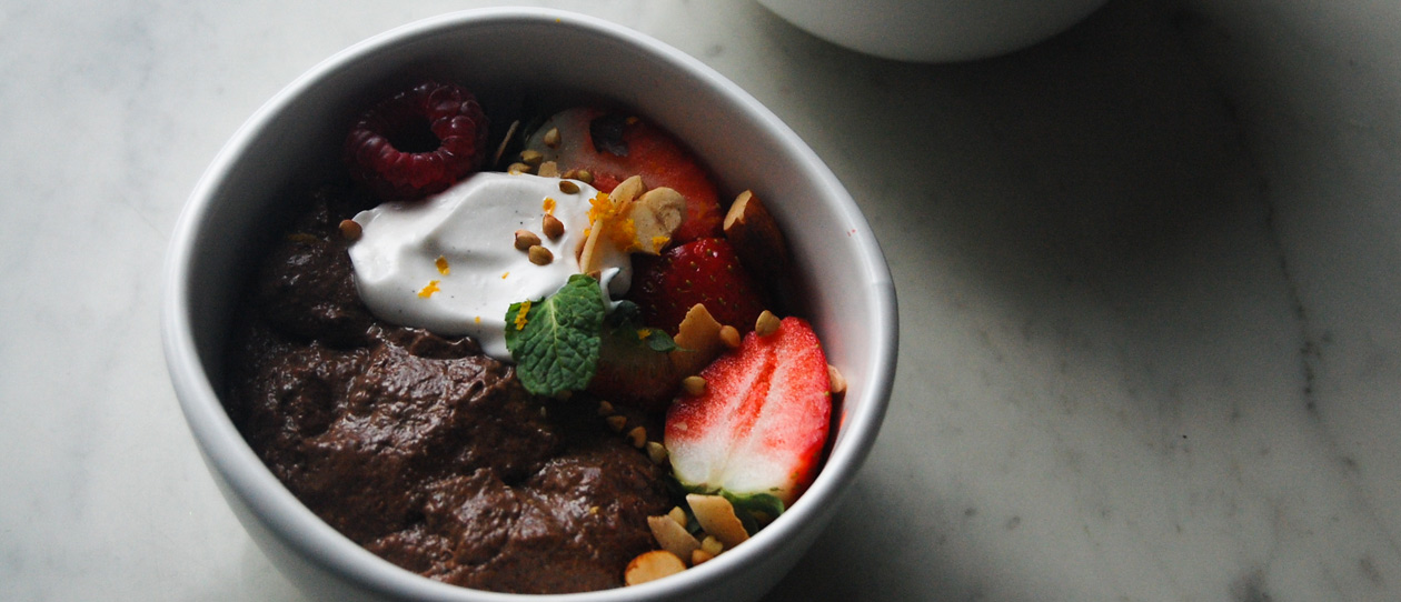 Cacao mousse breakfast bowl with nutty buckwheat granola