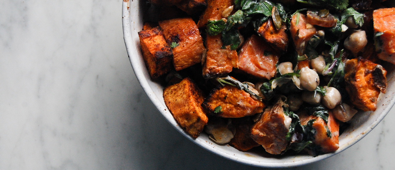 Sweet potato, chickpea & date salad with honey yoghurt dressing