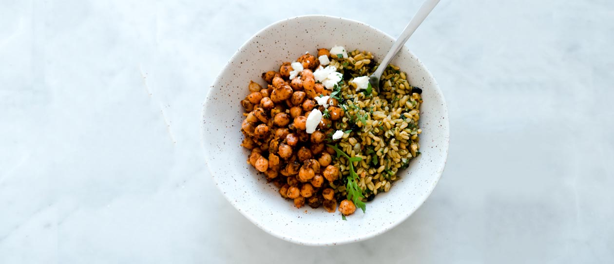 Harissa chickpeas and freekeh bowl