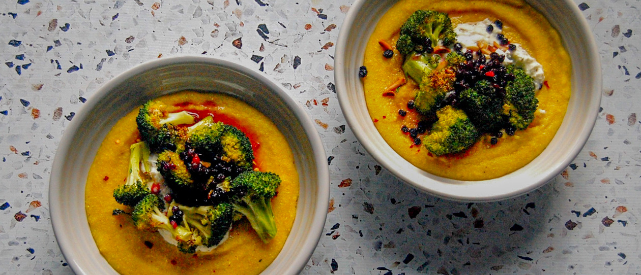 Quick polenta with broccoli salad and lemon ricotta