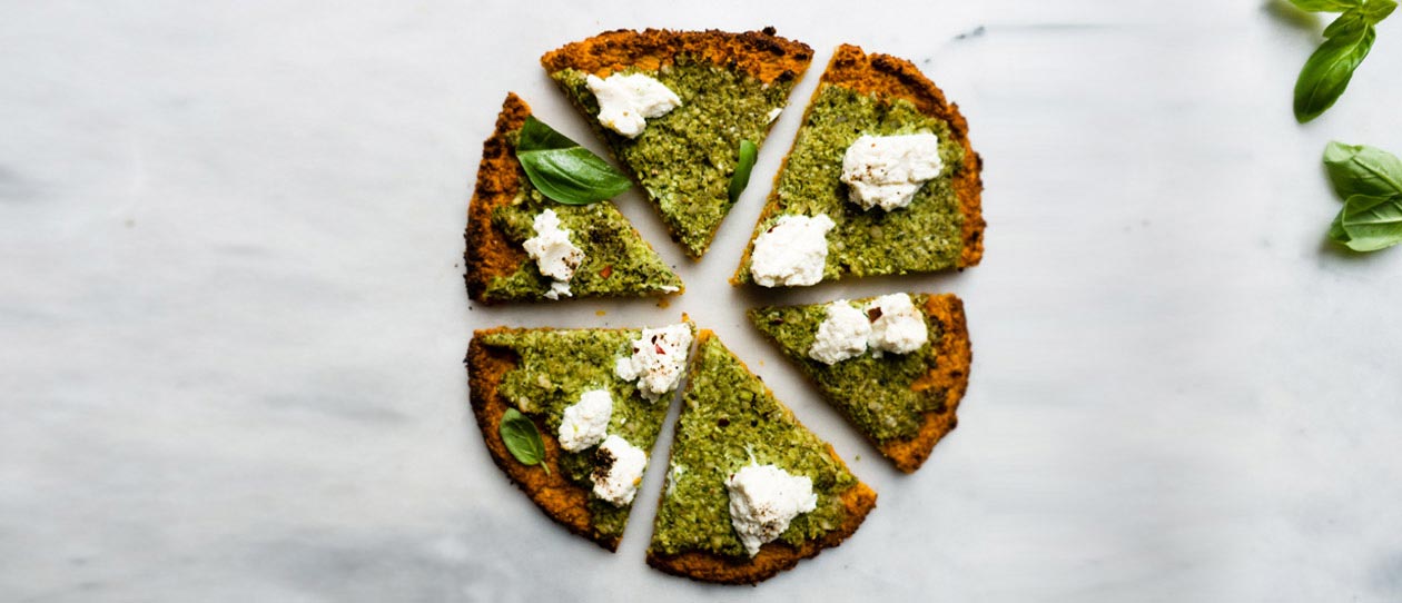 Sweet potato 'pizza' with broccoli pesto